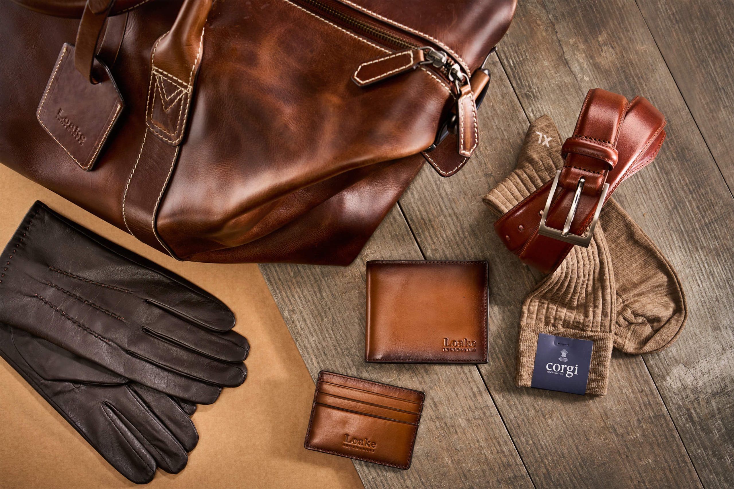 Loake leather bag, gloves, wallet, belt and cotton socks